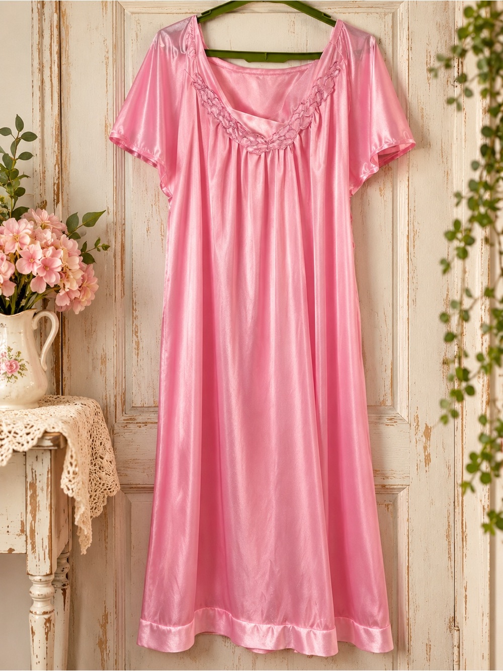 Pink Satin Lace Trim Nightgown Sleep Dress Medium